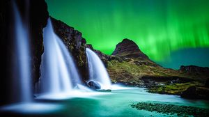 Preview wallpaper waterfall, mountain, water, pebbles, северное сияние, ночь