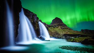 Preview wallpaper waterfall, mountain, water, pebbles, северное сияние, ночь