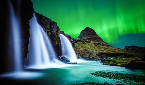 Preview wallpaper waterfall, mountain, water, pebbles, северное сияние, ночь