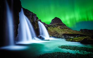 Preview wallpaper waterfall, mountain, water, pebbles, северное сияние, ночь