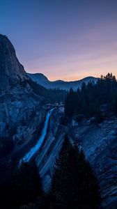 Preview wallpaper waterfall, mountains, evening, sky, trees