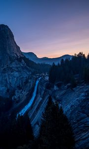 Preview wallpaper waterfall, mountains, evening, sky, trees