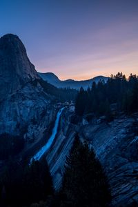 Preview wallpaper waterfall, mountains, evening, sky, trees