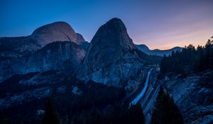 Preview wallpaper waterfall, mountains, evening, sky, trees