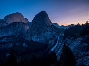 Preview wallpaper waterfall, mountains, evening, sky, trees