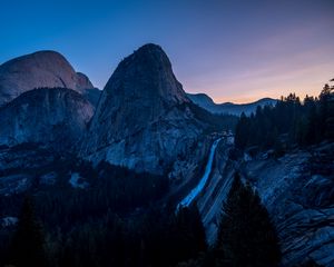 Preview wallpaper waterfall, mountains, evening, sky, trees