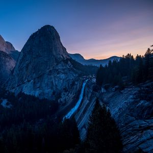 Preview wallpaper waterfall, mountains, evening, sky, trees