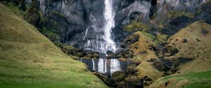 Preview wallpaper waterfall, mountains, rocks, stones, landscape, nature