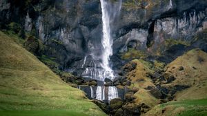 Preview wallpaper waterfall, mountains, rocks, stones, landscape, nature