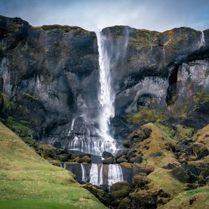 Preview wallpaper waterfall, mountains, rocks, stones, landscape, nature