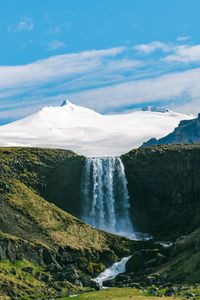 Preview wallpaper waterfall, mountains, rocks, snow, snowy