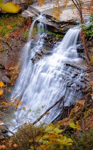 Preview wallpaper waterfall, nature, landscape, autumn, cliff, stones