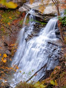 Preview wallpaper waterfall, nature, landscape, autumn, cliff, stones