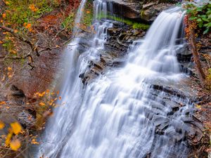 Preview wallpaper waterfall, nature, landscape, autumn, cliff, stones