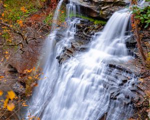 Preview wallpaper waterfall, nature, landscape, autumn, cliff, stones