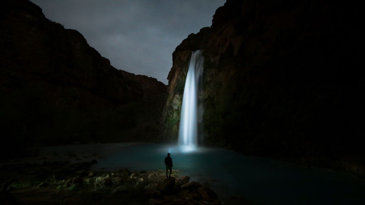 Wallpaper waterfall, night, man, river