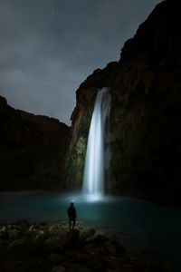 Preview wallpaper waterfall, night, man, river