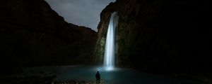 Preview wallpaper waterfall, night, man, river