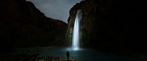 Preview wallpaper waterfall, night, man, river