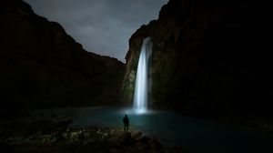 Preview wallpaper waterfall, night, man, river
