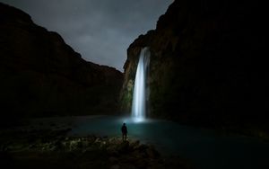 Preview wallpaper waterfall, night, man, river