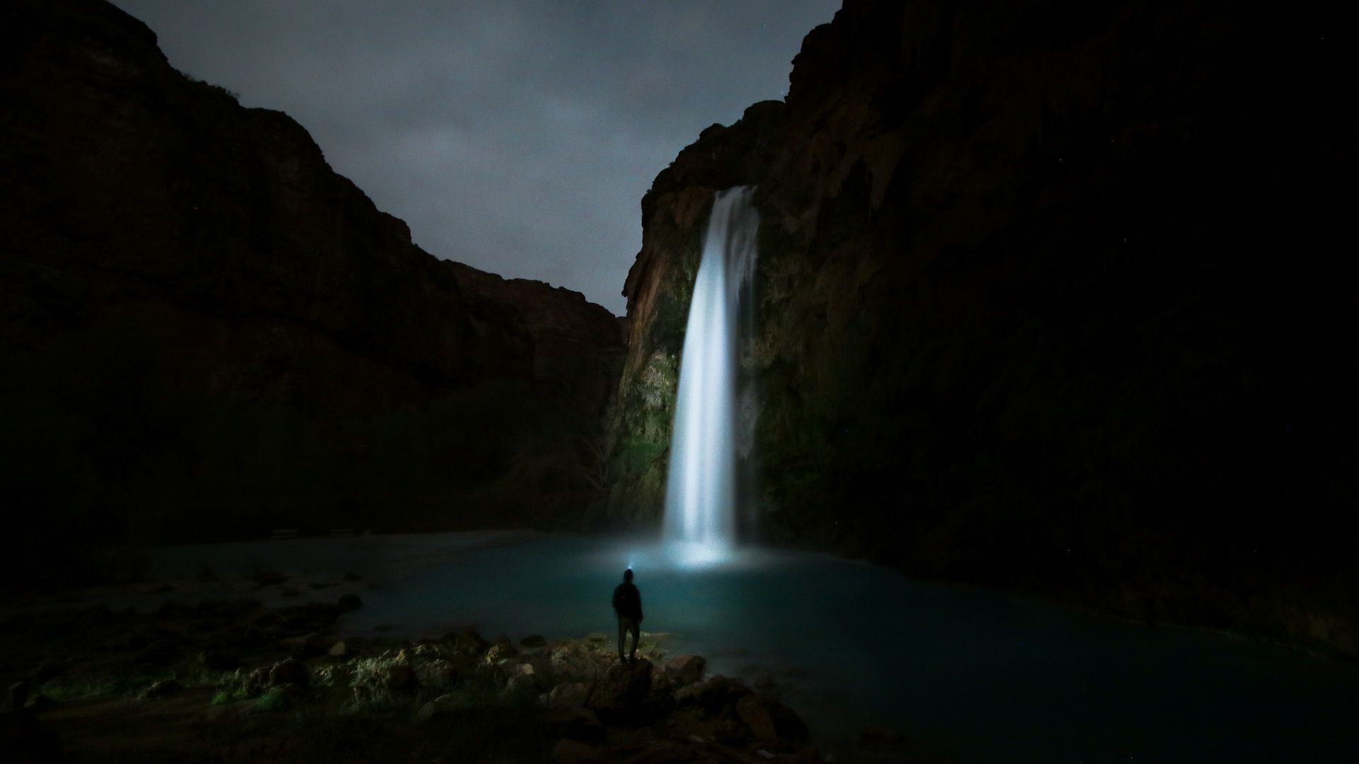 1920x1080 Wallpaper waterfall, night, man, river