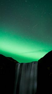 Preview wallpaper waterfall, night, northern lights, stars, sky, green