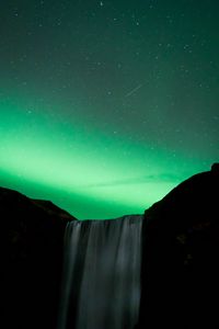Preview wallpaper waterfall, night, northern lights, stars, sky, green