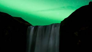 Preview wallpaper waterfall, night, northern lights, stars, sky, green