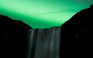 Preview wallpaper waterfall, night, northern lights, stars, sky, green