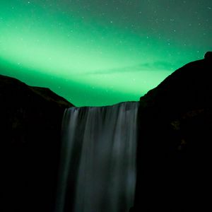 Preview wallpaper waterfall, night, northern lights, stars, sky, green