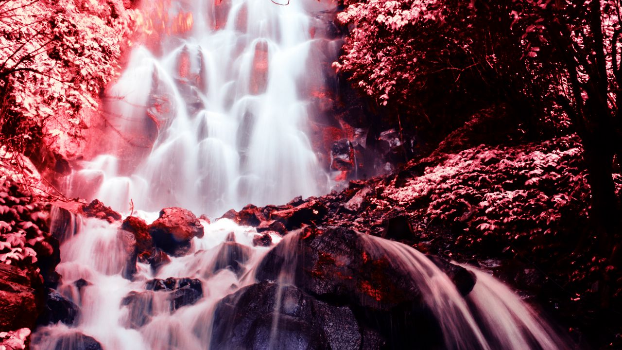 Wallpaper waterfall, photoshop, stones, current, red