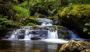 Preview wallpaper waterfall, plants, stones, water, flow