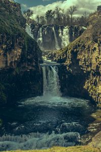 Preview wallpaper waterfall, precipice, stones, shadow