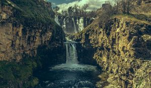 Preview wallpaper waterfall, precipice, stones, shadow