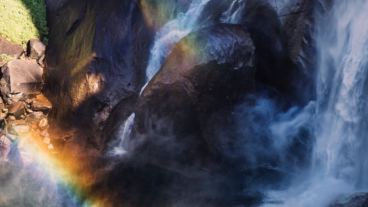 Wallpaper waterfall, rainbow, aerial view, water, stones, cliff