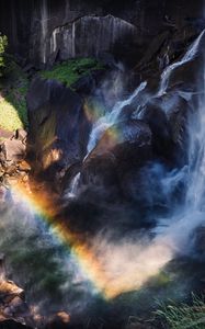 Preview wallpaper waterfall, rainbow, aerial view, water, stones, cliff
