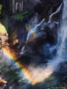 Preview wallpaper waterfall, rainbow, aerial view, water, stones, cliff