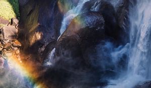 Preview wallpaper waterfall, rainbow, aerial view, water, stones, cliff