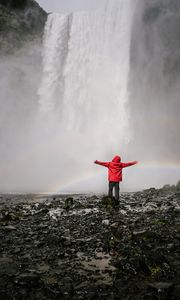 Preview wallpaper waterfall, rainbow, spray, water, man