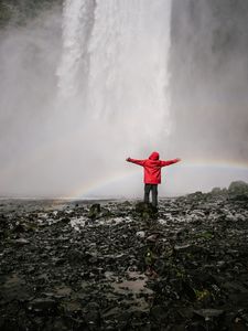 Preview wallpaper waterfall, rainbow, spray, water, man