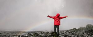 Preview wallpaper waterfall, rainbow, spray, water, man