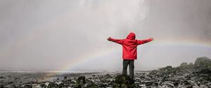 Preview wallpaper waterfall, rainbow, spray, water, man