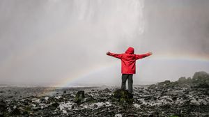 Preview wallpaper waterfall, rainbow, spray, water, man