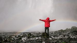 Preview wallpaper waterfall, rainbow, spray, water, man