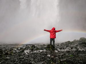 Preview wallpaper waterfall, rainbow, spray, water, man