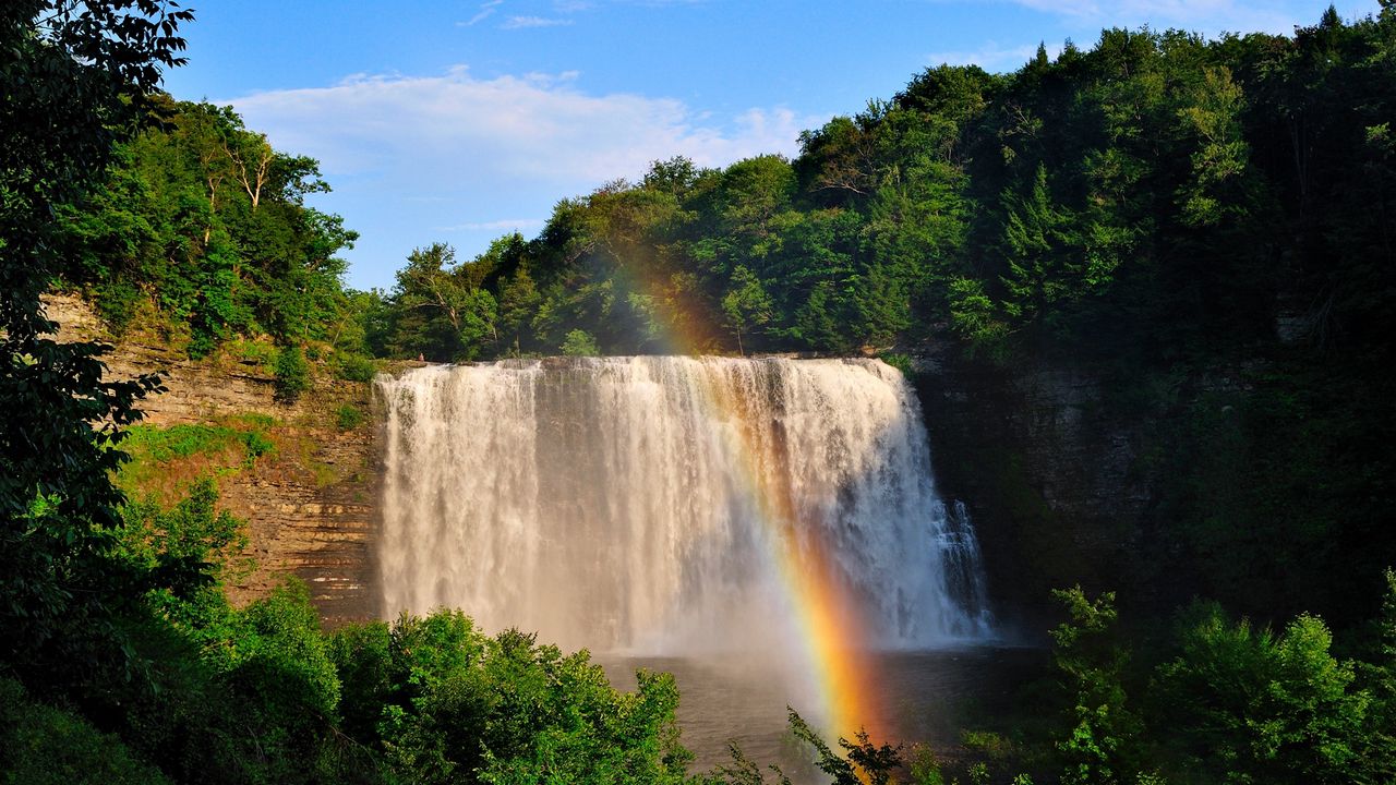 Wallpaper waterfall, rainbow, trees