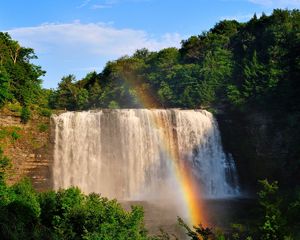 Preview wallpaper waterfall, rainbow, trees