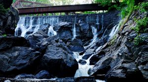 Preview wallpaper waterfall, river, bridge, landscape, grass