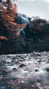 Preview wallpaper waterfall, river, cliff, water, stones, trees